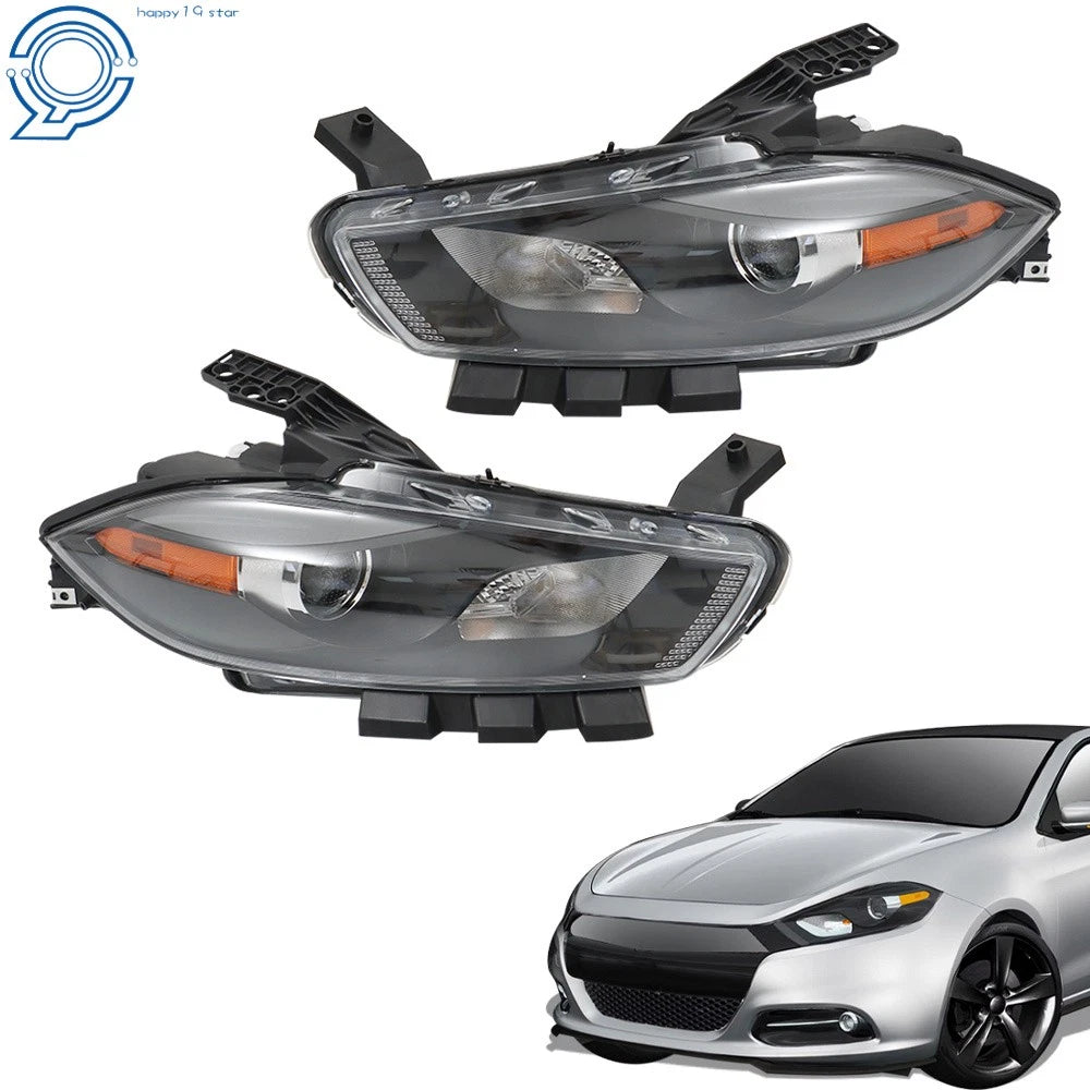Headlight Set for Dodge Dart (2013–2016) Halogen Projector Black Housing
