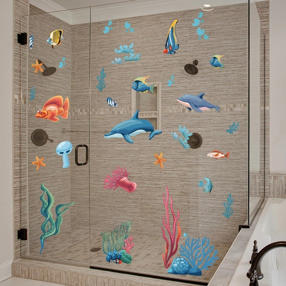 Static Cling Window Decal for Kitchen Bathroom Door (Cartoon Sea Animals)