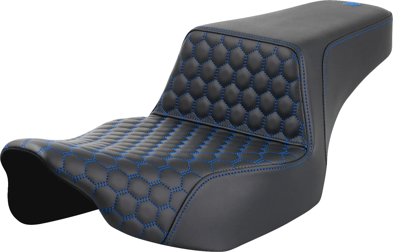SADDLEMEN Step-Up Seat for Harley FL (Extended Reach, Honeycomb, Blue Stitch)