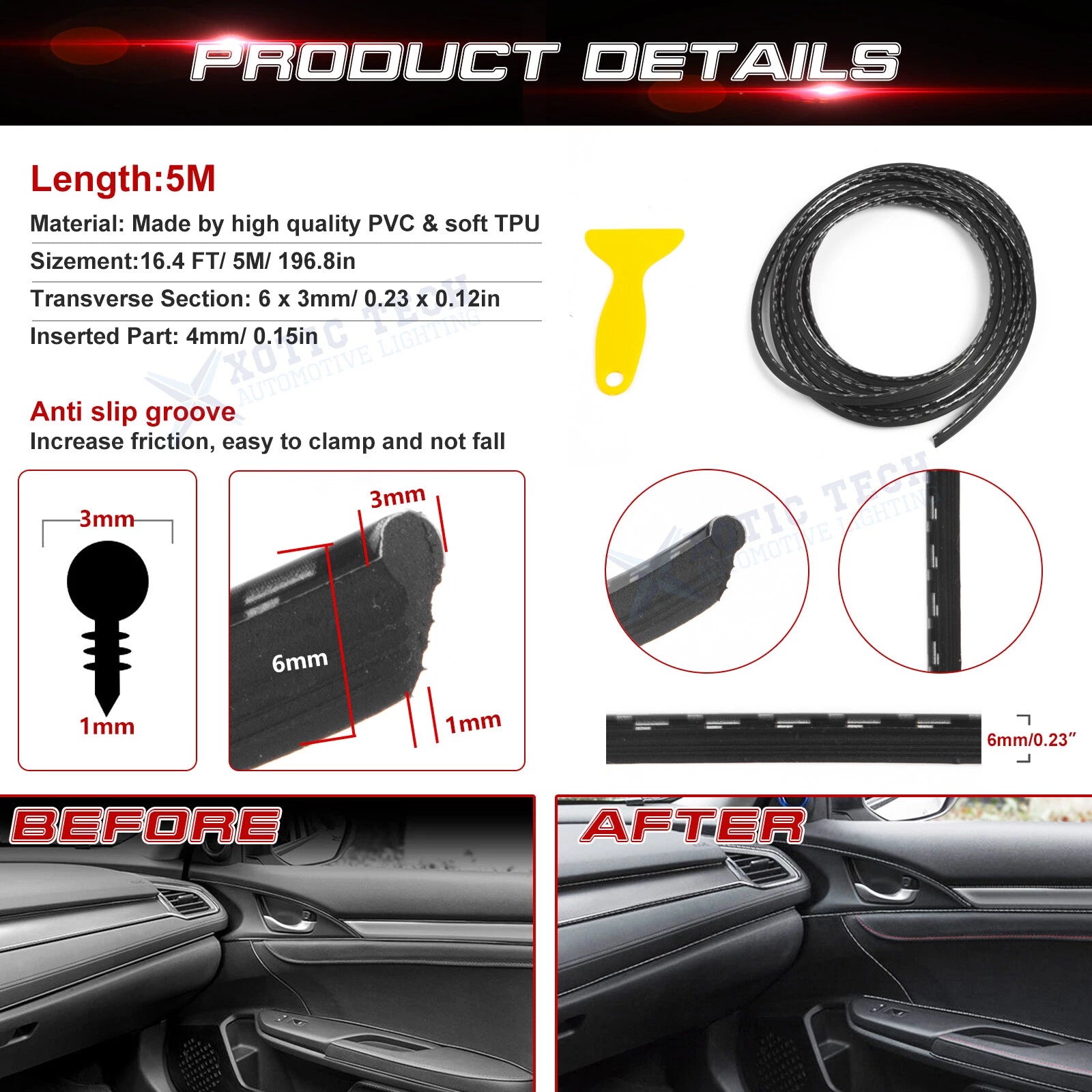 Carbon Fiber Texture Door Gap Edge Line Strip Insert for Car (-)
