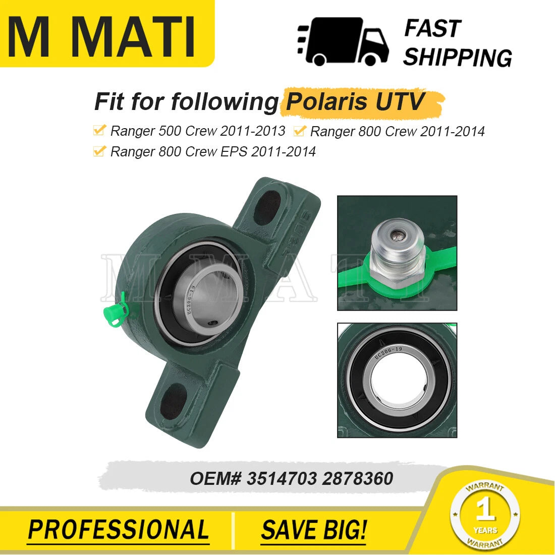 Front Center Carrier Bearing 3514703 for Polaris Ranger Crew 500 800 (2011–2014)