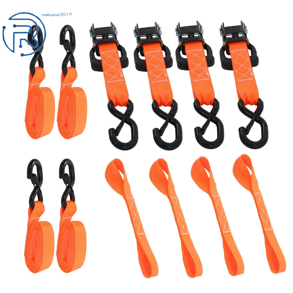 Set of 4 Tie Downs 1.6" × 8' Ratchet Straps 5208 lbs with S Hook Orange