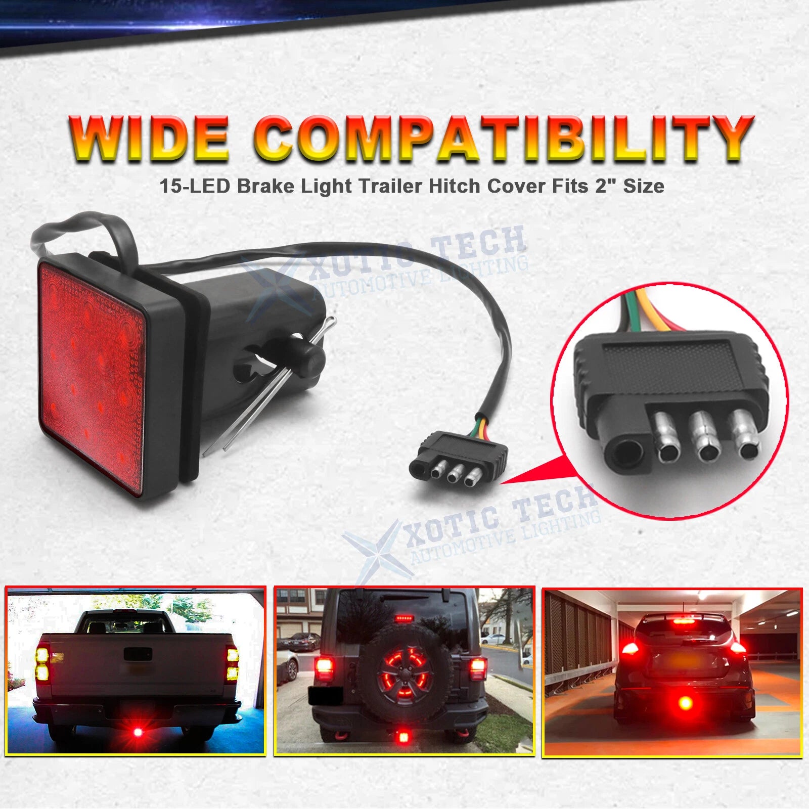 15-LED Red Lens Tow Hitch Receiver Brake Tail Light Adapter for Truck (2")