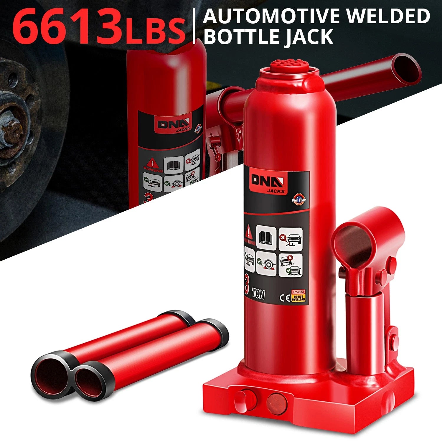 3 Ton Red 14.5" Manual Hydraulic Bottle Jack for Automotive Repair