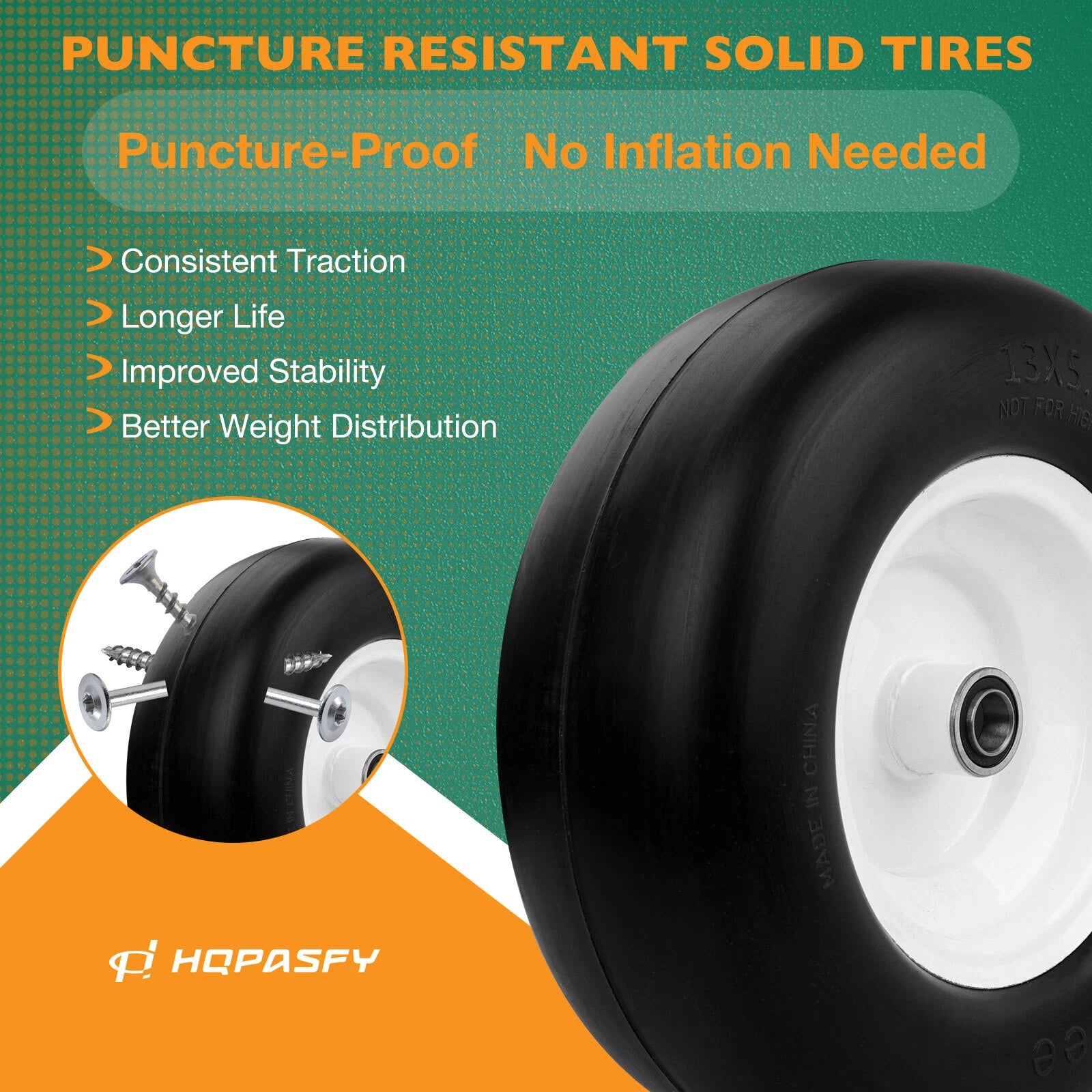 Set of 2 Front Smooth Flat Free Tires for Zero-Turn Lawn Mower