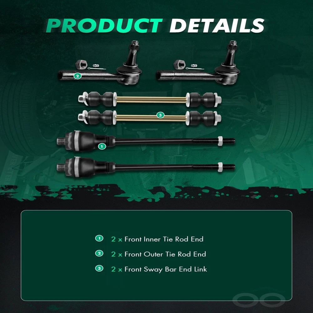 6x Front Inner Outer Tie Rod Ends Sway Bar End Link for GMC Sierra 1500/2500 (2007–2019)