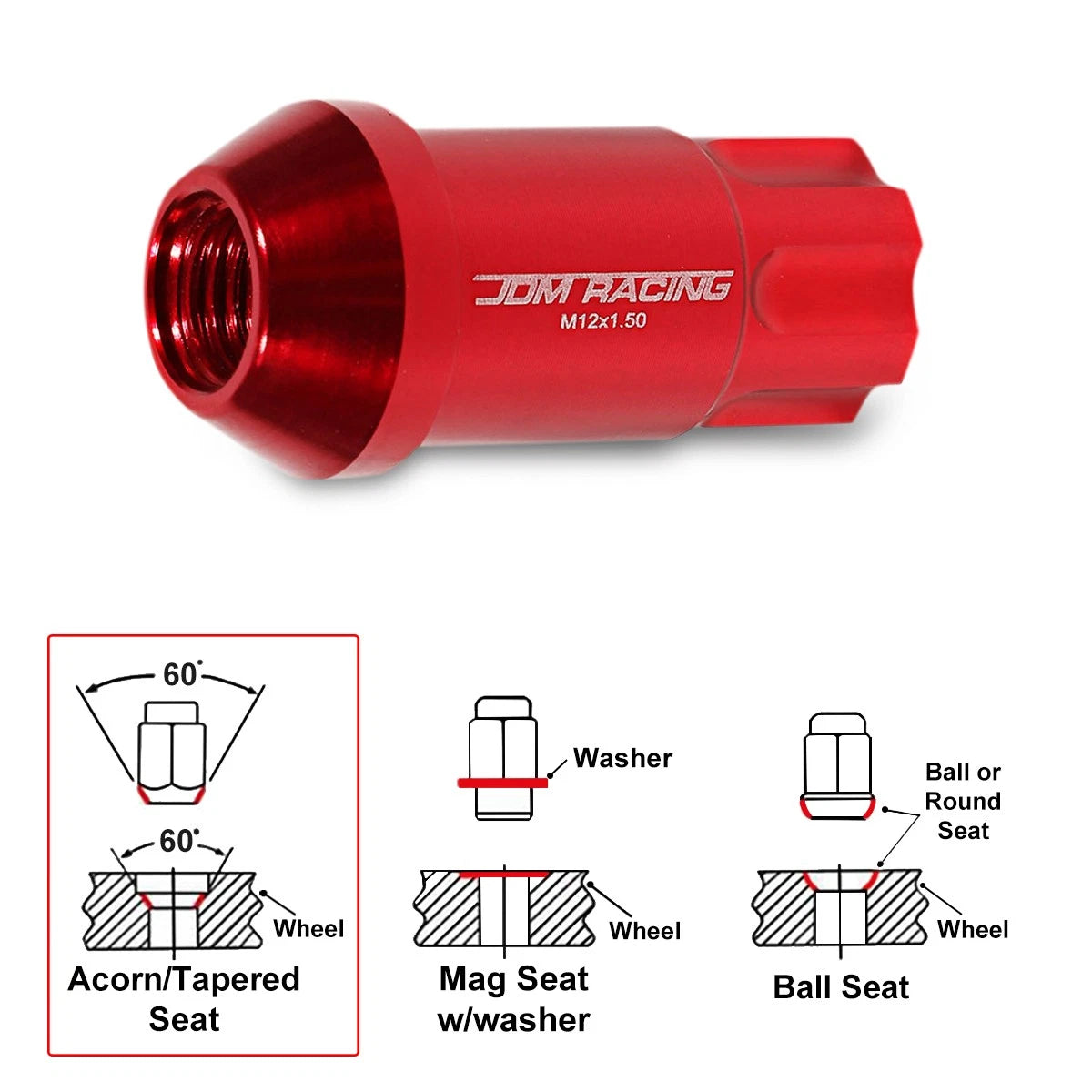 Set of 20 M12X1.5 Red JDM Open End Aluminum Spline Wheel Lug Nuts + Lock Key