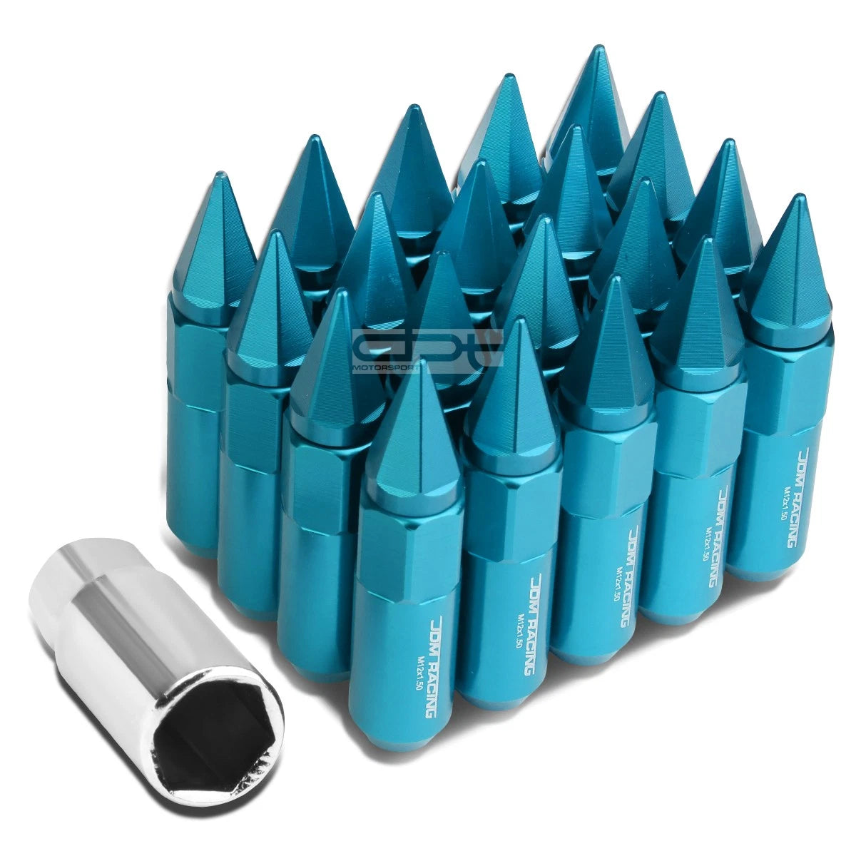 Set of 20 M12X1.5 90mm Tall Sky Blue Aluminum Spiked Lug Nuts + Adapter