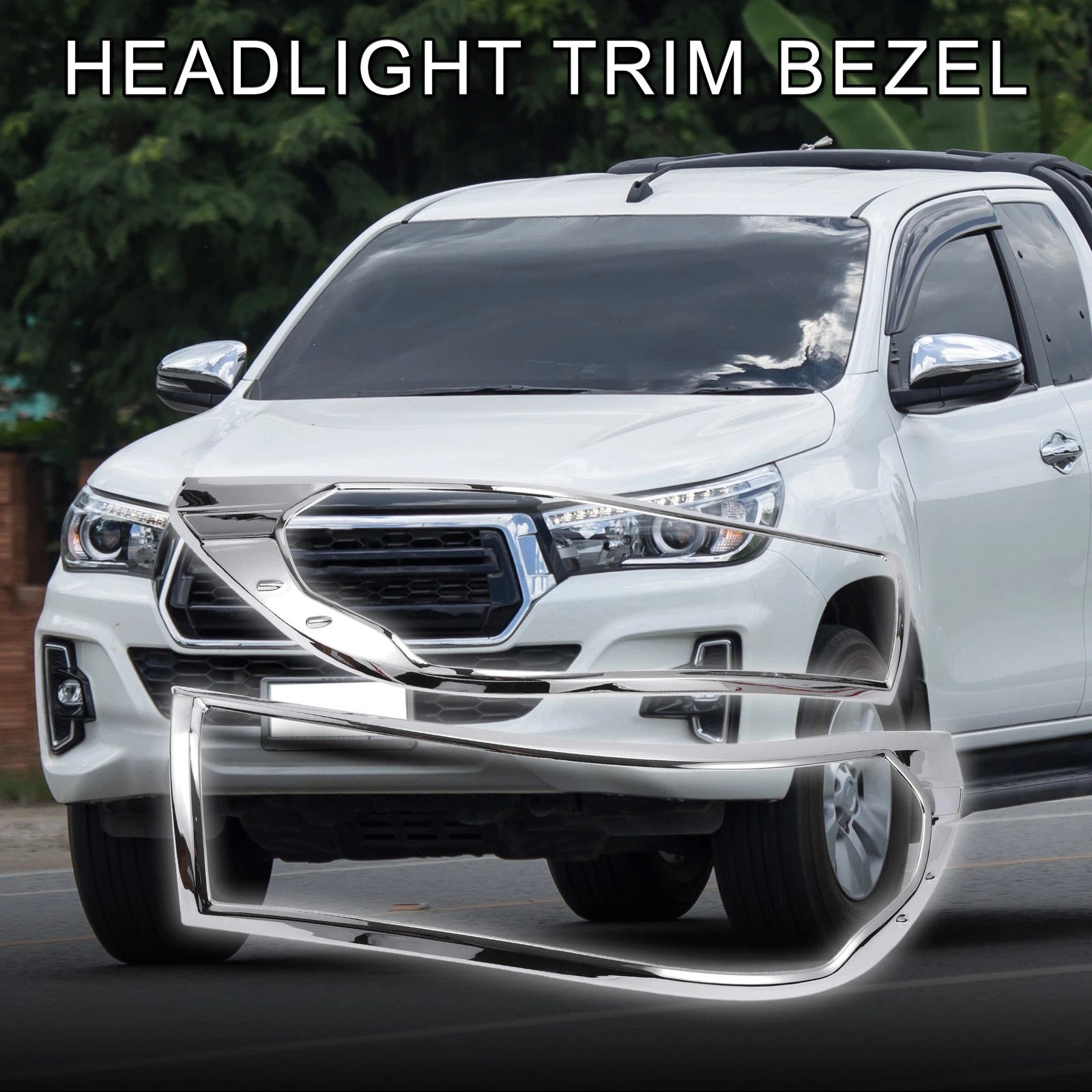 Set of 2 Front Headlight Trim Bezels for Toyota Hilux Revo (2015–2017) Silver Tone