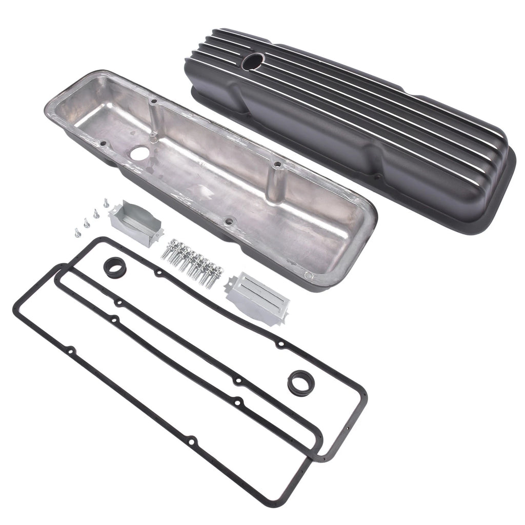 Black Aluminum Finned Short Valve Cover for Small Block Chevy 305 327 (1958–1986)