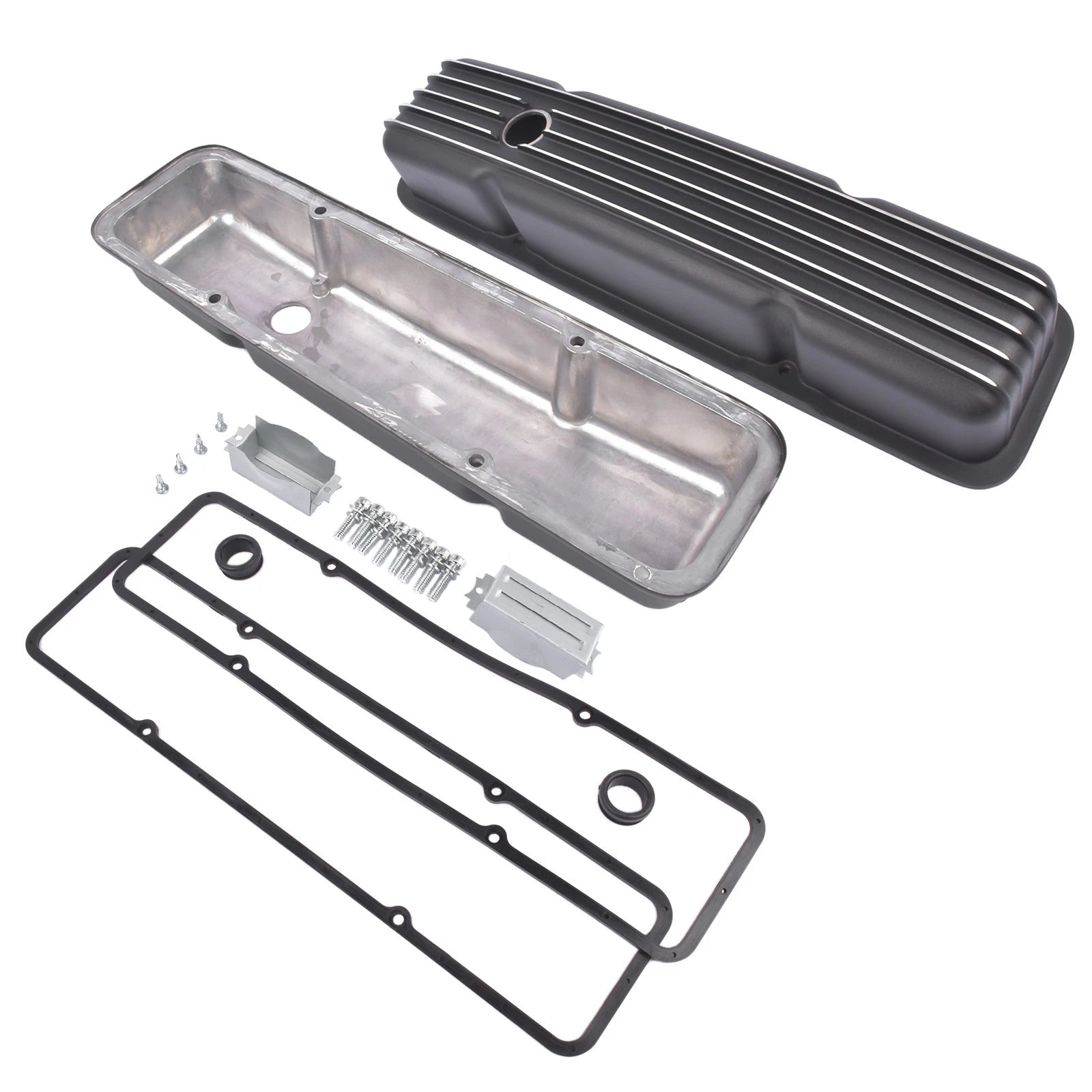 Black Aluminum Finned Short Valve Cover for Small Block Chevy 305 327 (1958–1986)