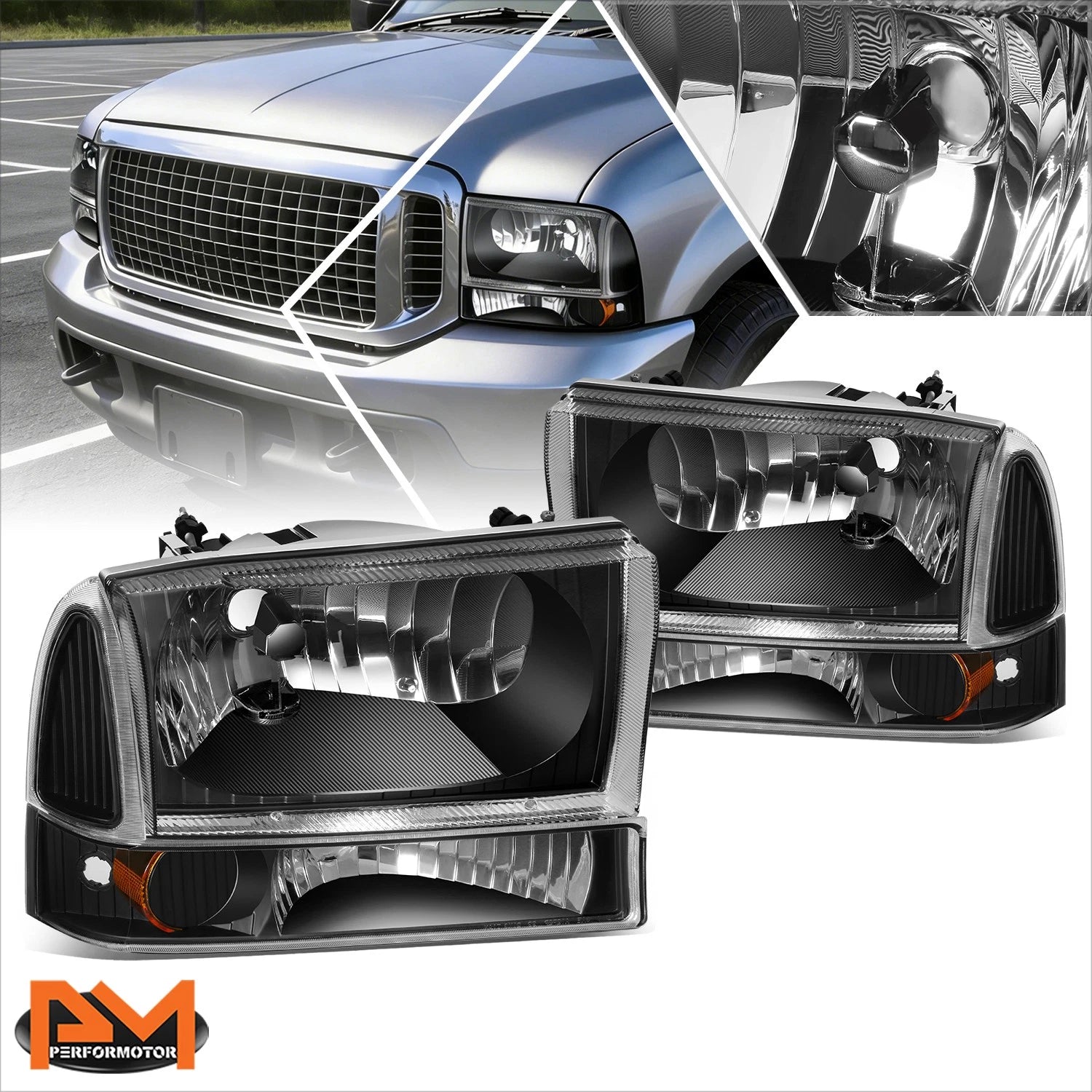 Headlight Lamps for Ford F250/F350 Super Duty (1994–2004) Black Housing Amber Corner