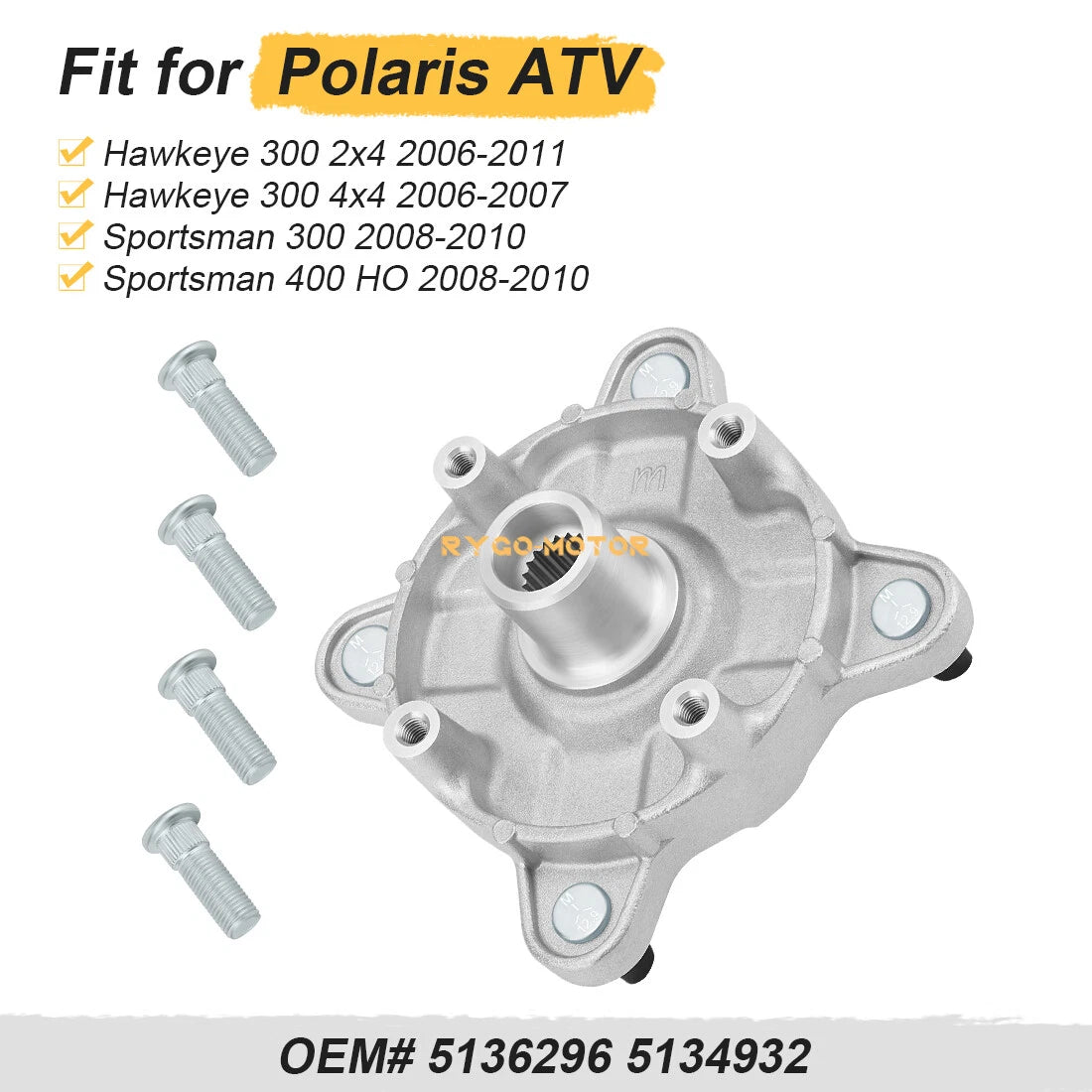 Front Wheel Hub & Studs for Polaris Sportsman 300 400 4x4 (2008–2010) 5136296