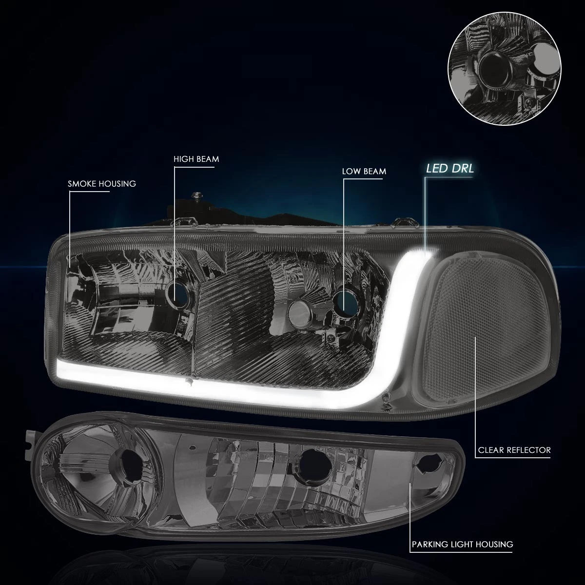 Headlight with LED DRL for GMC Sierra/Yukon Denali (2001–2007)