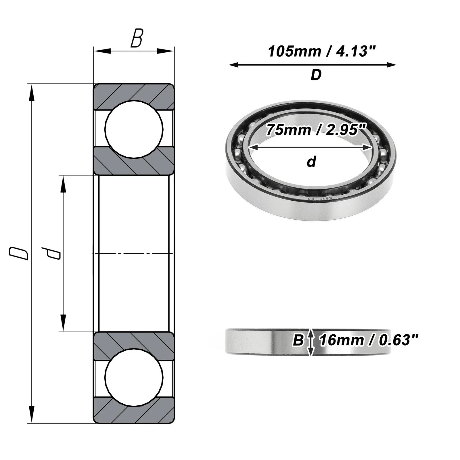 Deep Groove Ball Bearing 75x105x16mm for Scooter Skateboard (P0)