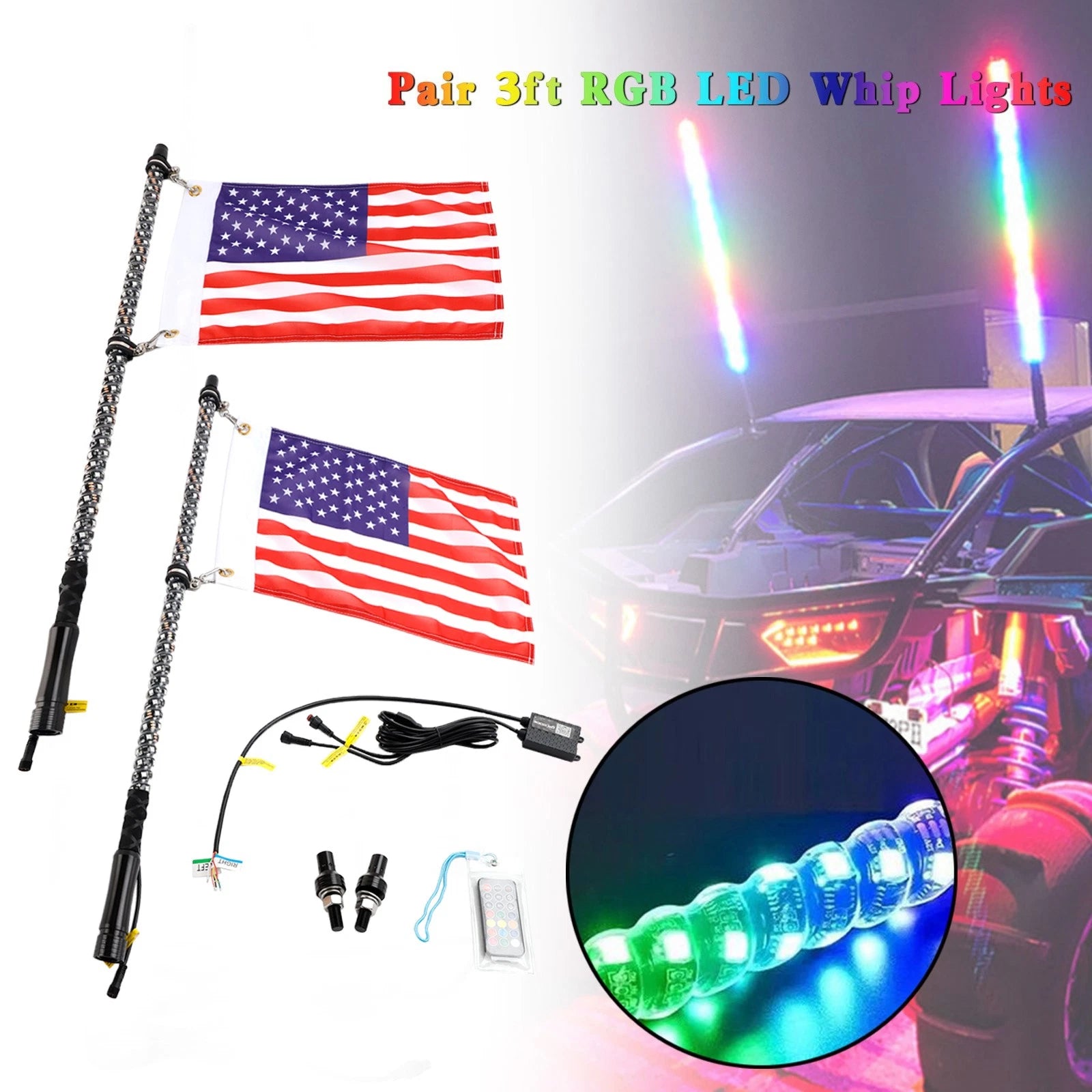 2X 3FT RGB LED Whip Lights for Polaris RZR (Fit UTV ATV)