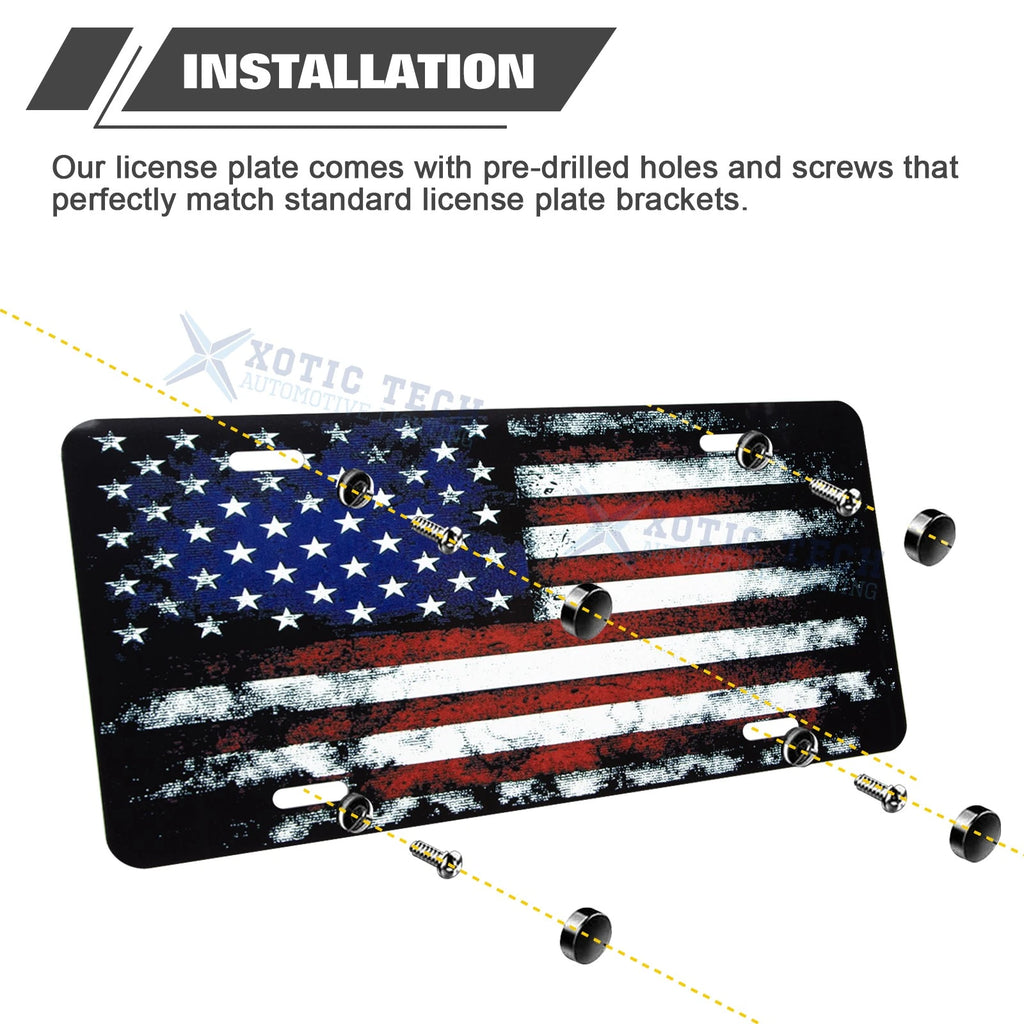 Distressed American Flag Front License Plate Valve Stem Cap Bumper Sticker for Red (-)