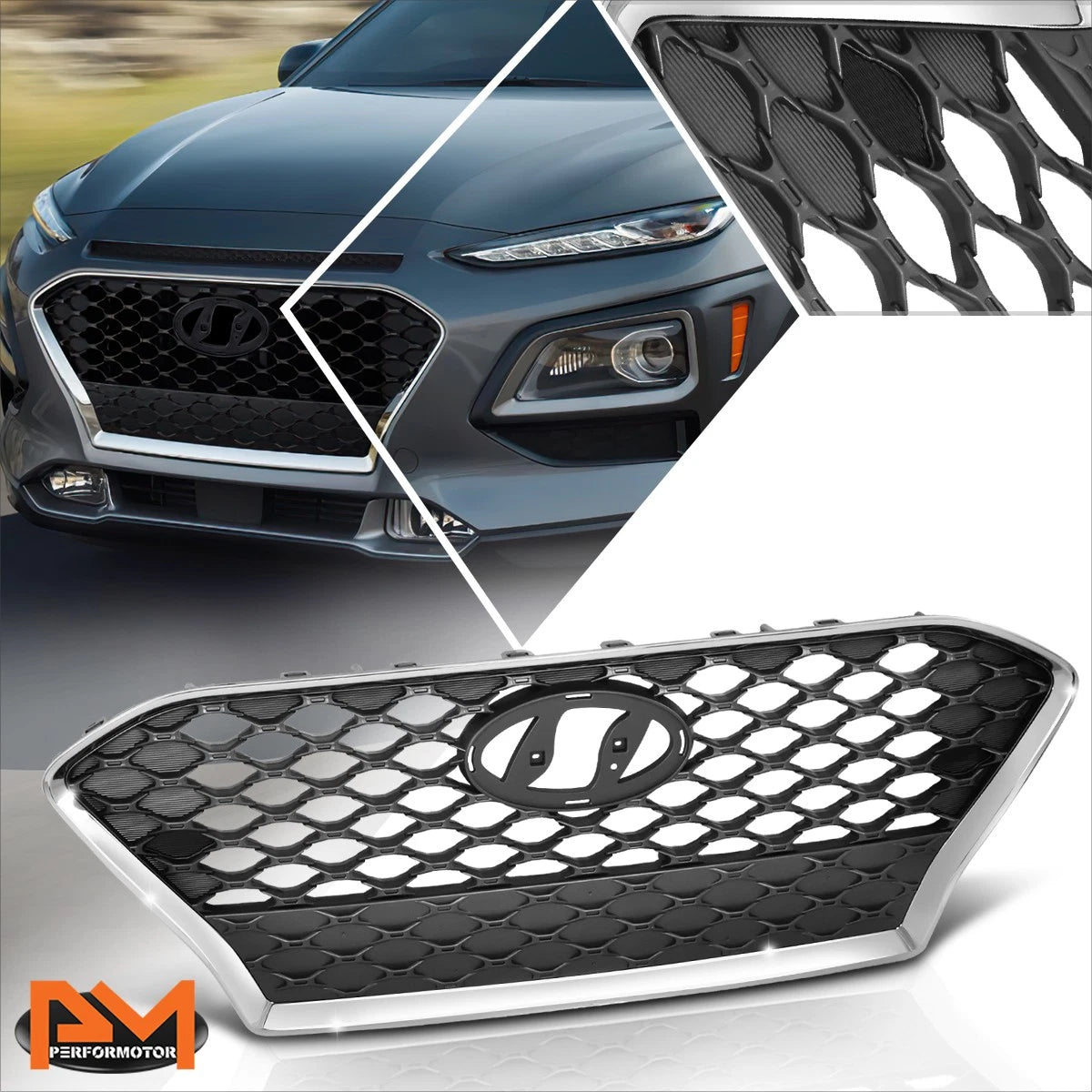 Chrome Grille for Hyundai Kona (2018–2021) - Gray Diamond Mesh, Badge Slot