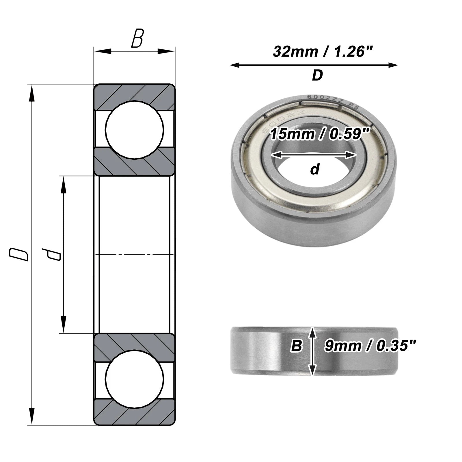 6002ZZ Deep Groove Ball Bearings for Scooter Skateboard Wheel (15x32x9mm)