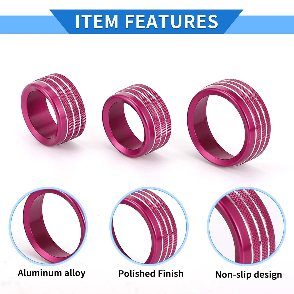 3X AC Media Tune Switch Knob Cover Ring for Dodge Challenger (2015–2019) Rose Red
