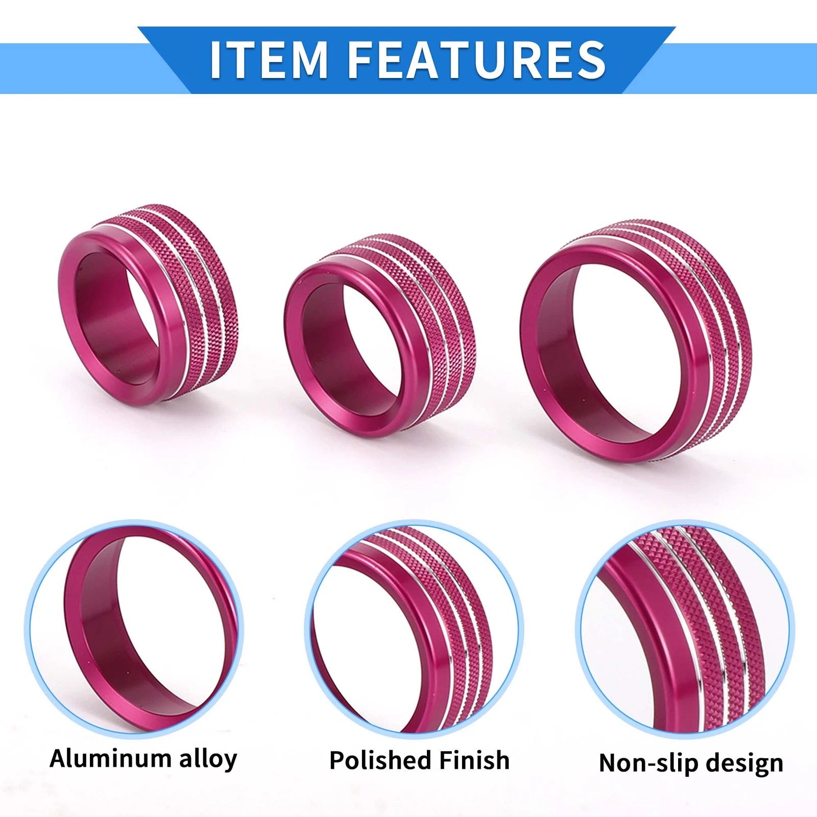 3X AC Media Tune Switch Knob Cover Ring for Dodge Challenger (2015–2019) Rose Red