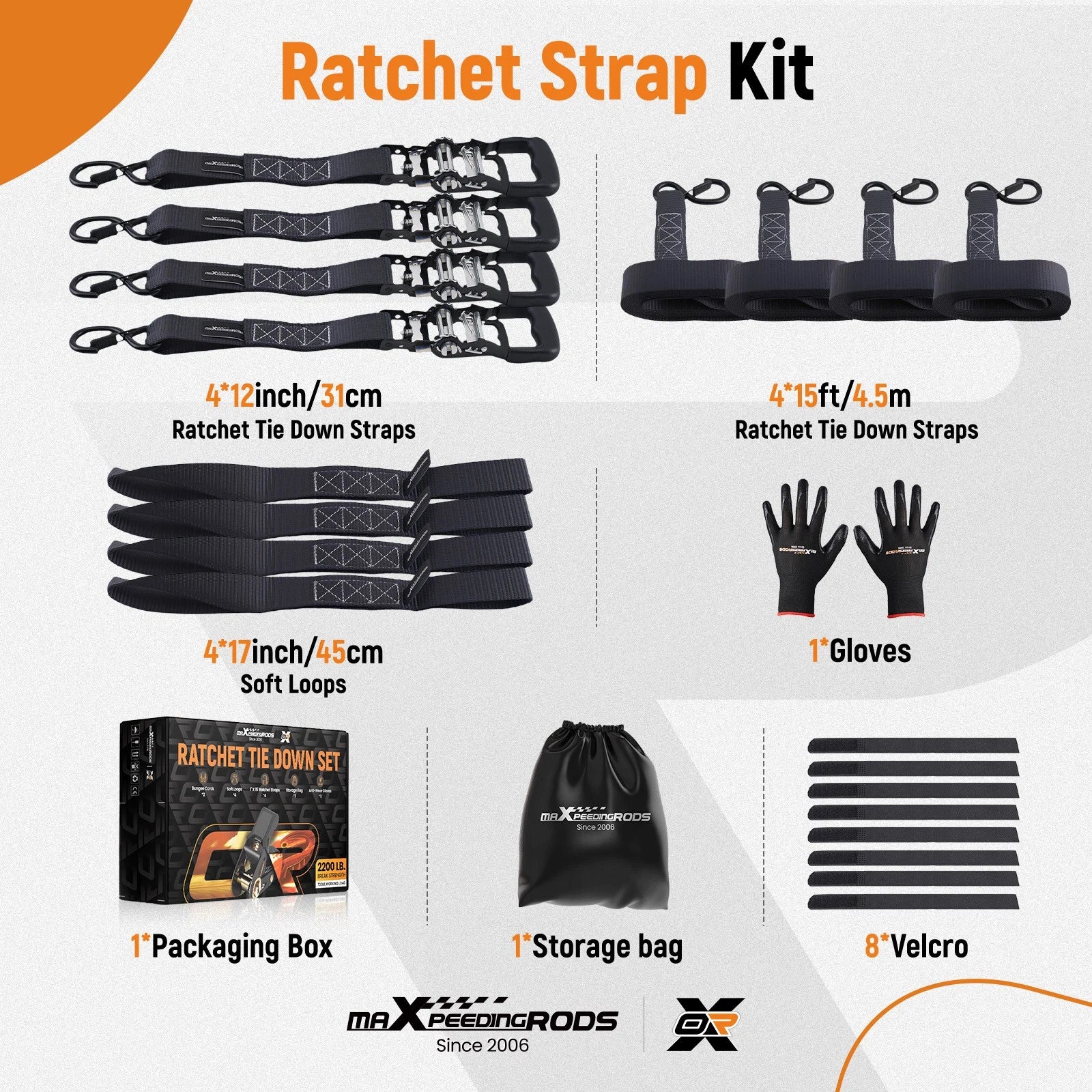 Set of 2 Ratchet Tie Down Straps 1.5in x 15ft 4400 lb for Truck Trailer