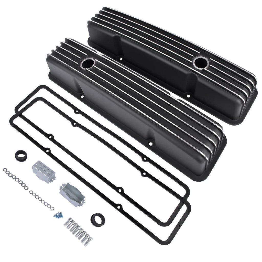 Finned Aluminum Tall Valve Covers for Chevy Small Block (283–400) Black
