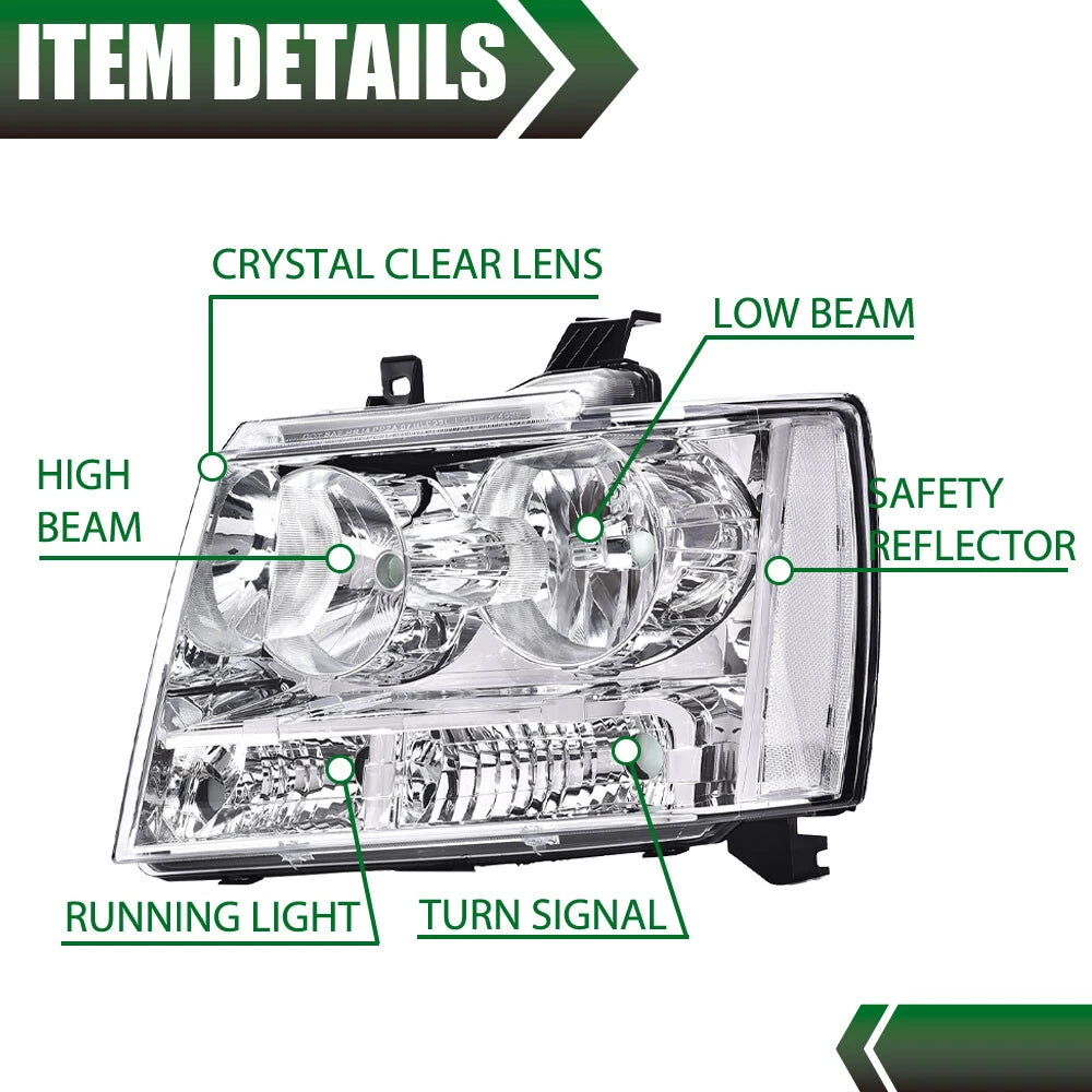 Clear Lens Chrome Headlights Assembly for Avalanche Tahoe Suburban (2007–2014)