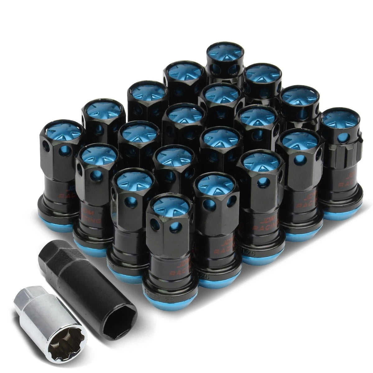 Set of 16 Aluminum Sky Blue Lug Nuts + Keys M12x1.25 22mm OD for Rims