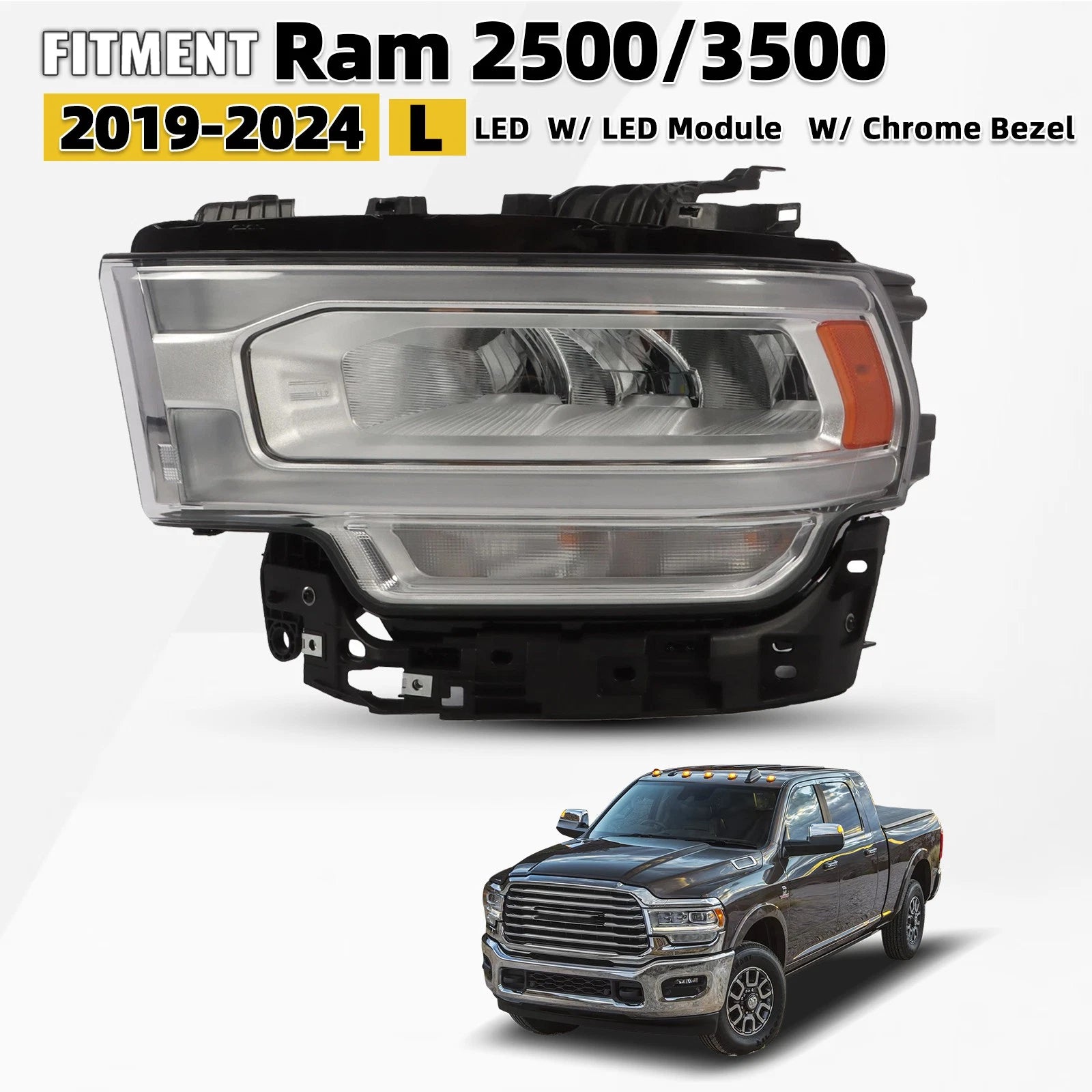 Full LED Headlight Chrome Left Side for Ram 2500 3500 (2019–2024) 68360181AD
