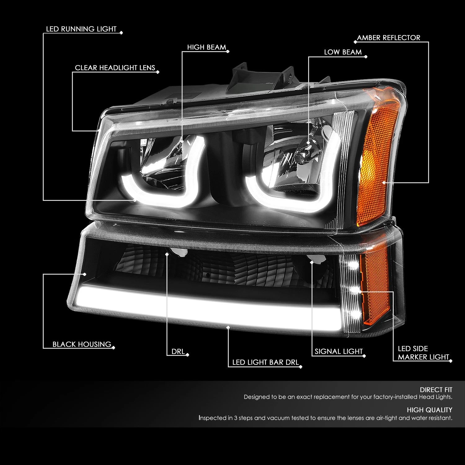 Pair of J-Halo LED DRL Black/Amber Headlight Bumper Lamps for Chevy Silverado (2003–2007)