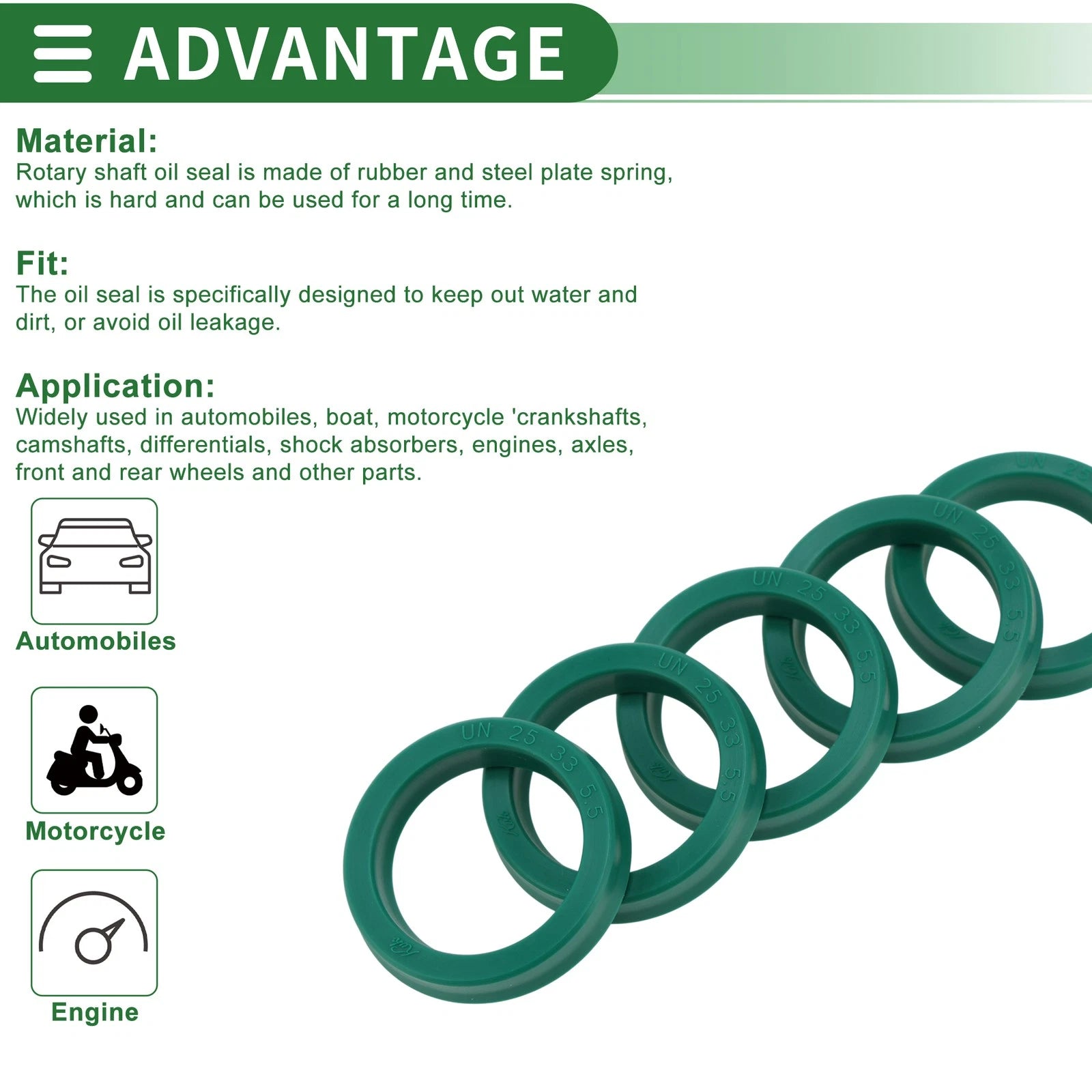 Set of 5 Oil Seal Rotary Shaft Seal 25x33x5.5mm High Pressure Green