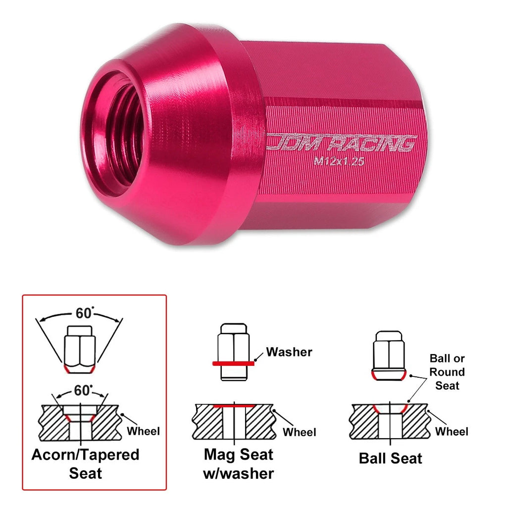 20Pc M12X1.25 Pink JDM Closed End Acorn Hex Wheel Lug Nuts + Extension 25mmx35mm