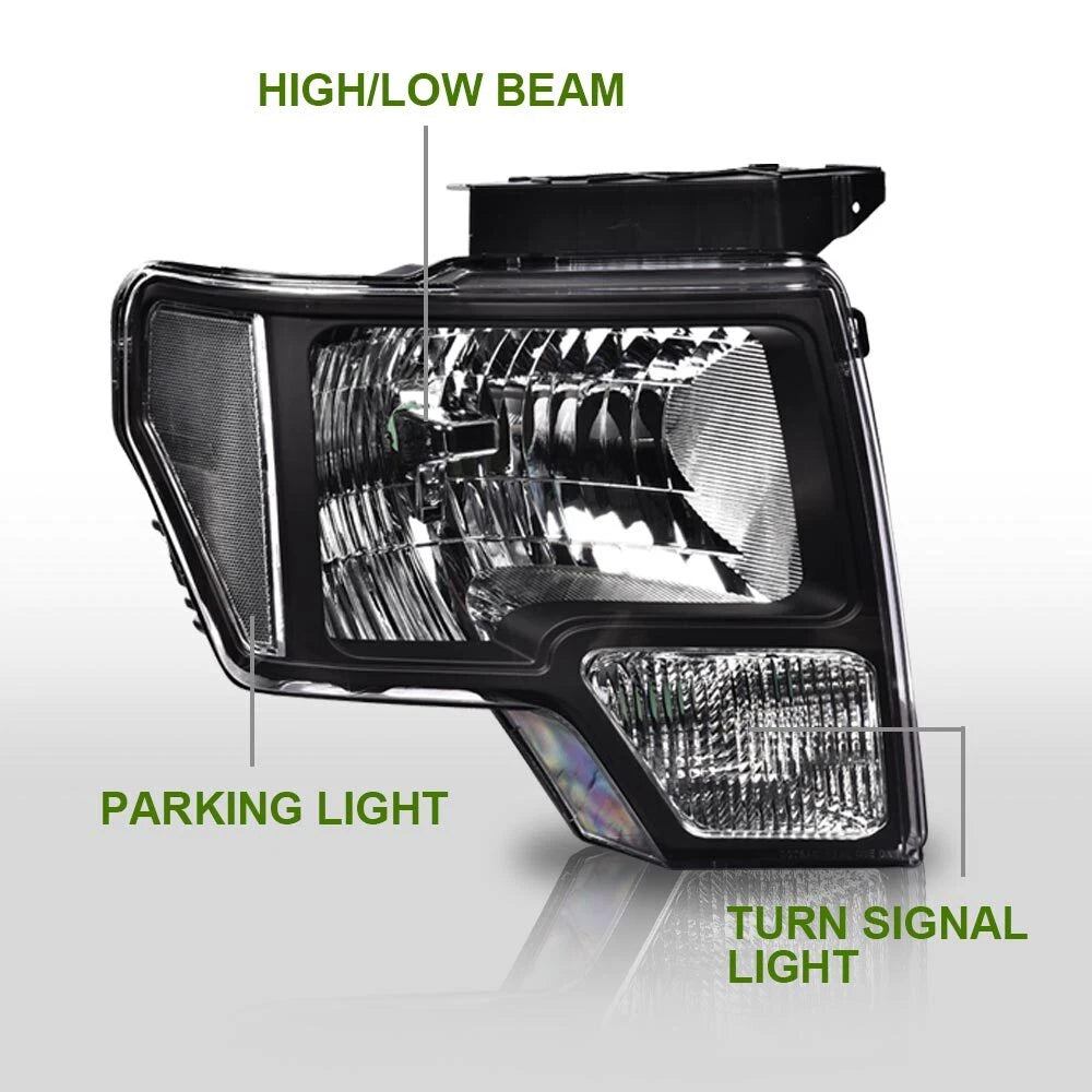 Clear Corner Black Housing Headlights for Ford F150 (2009–2014)