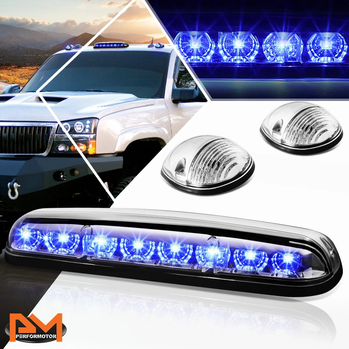 3Pcs Cab Roof Running Light Chrome Housing Blue LED for Silverado/Sierra (2002–2007)