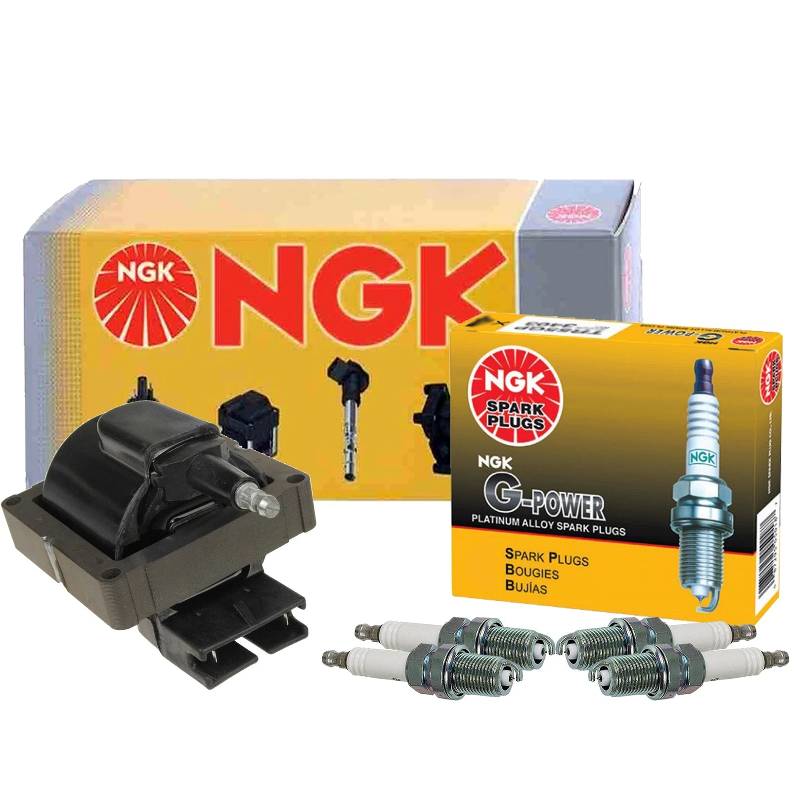 NGK HEI Ignition Coil & 4 G-Power Platinum Spark Plugs for Mazda 626 MX-6 (1988–1997)