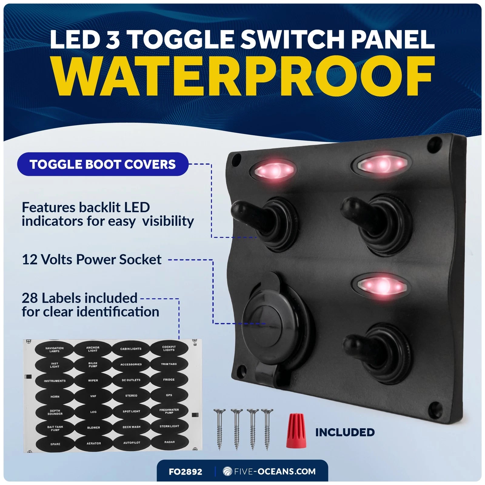 3 Gang Toggle Switch Panel with Power Socket for Boat (Universal)