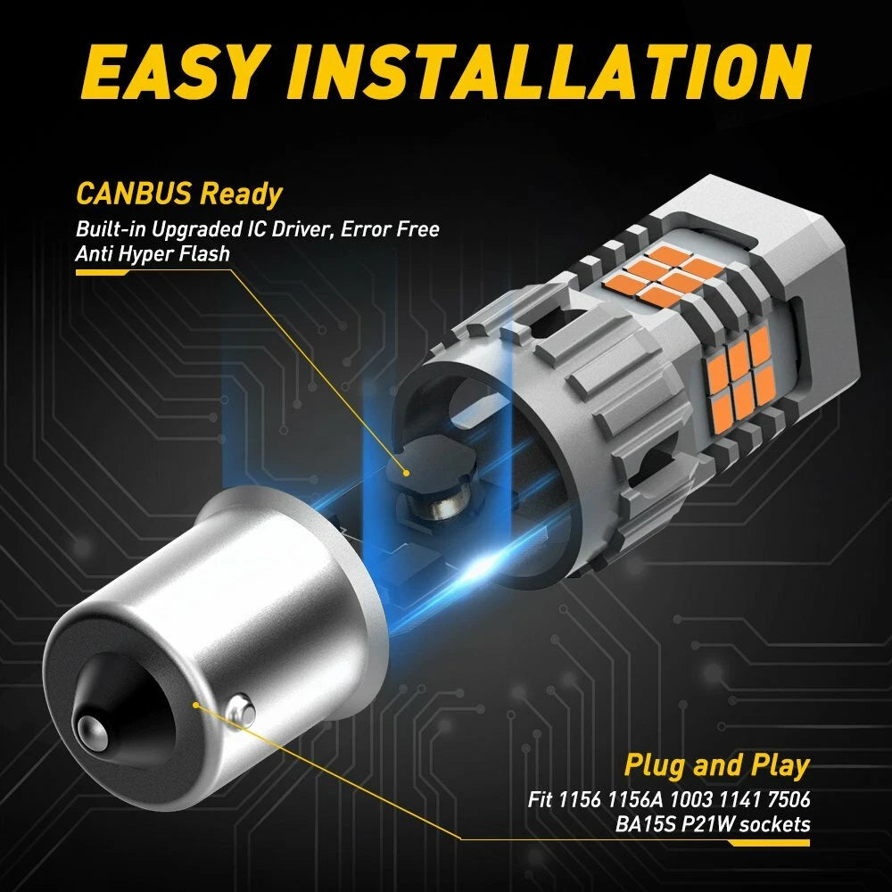 2X Amber LED Turn Signal Bulbs for Cars (1156 P21W BA15S)