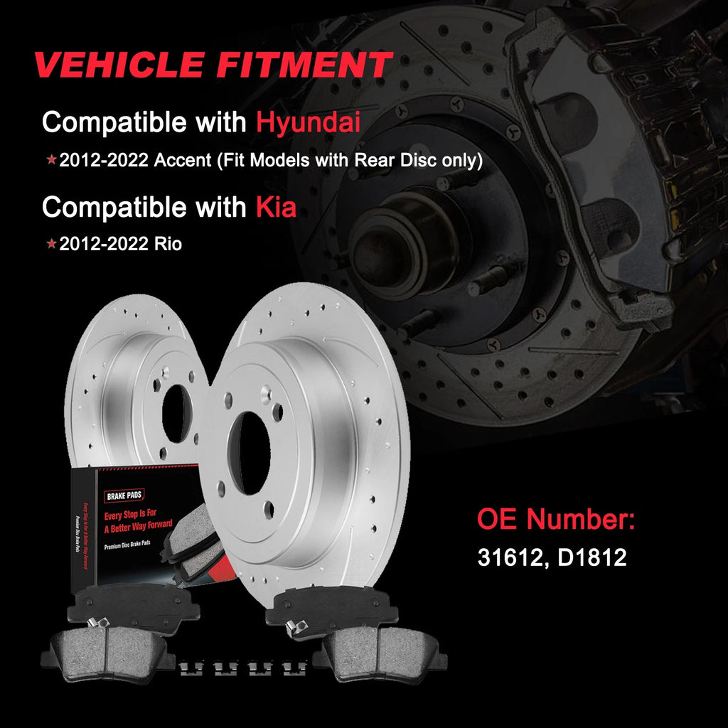 Set of 2 Rear Drilled Disc Rotors + Ceramic Pads for Hyundai Accent Kia Rio (2012–2022)