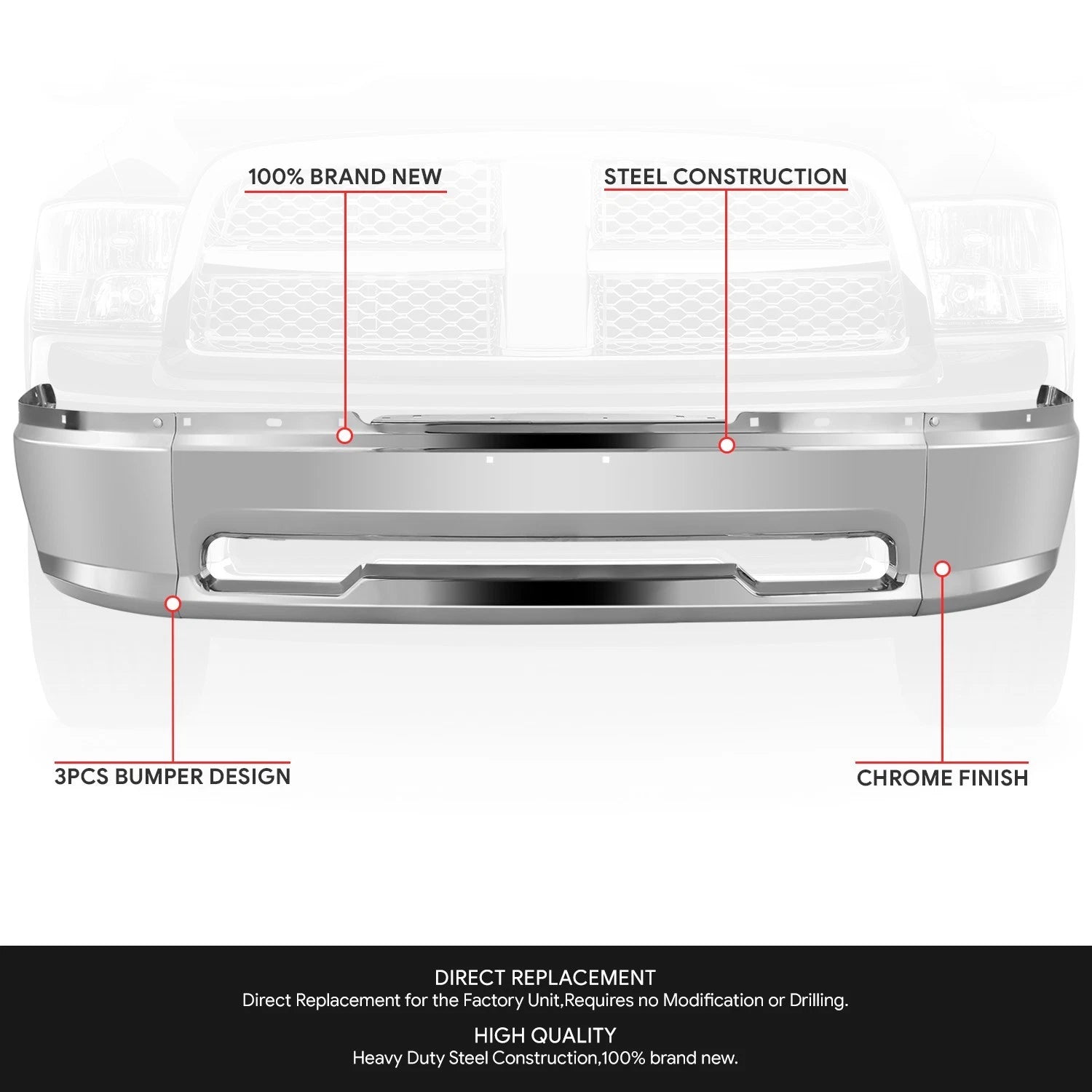 Steel Front Bumper Face Bar for Dodge Ram 1500 (2009–2012) Chrome