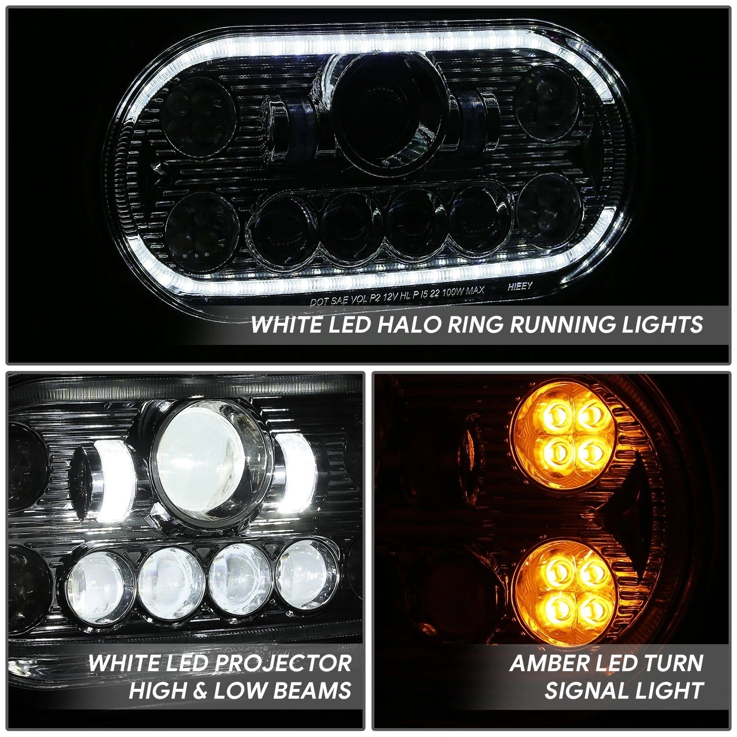 Chrome Amber Halo Ring LED Dual Projector Headlight for Peterbilt 359 (1967–1987)