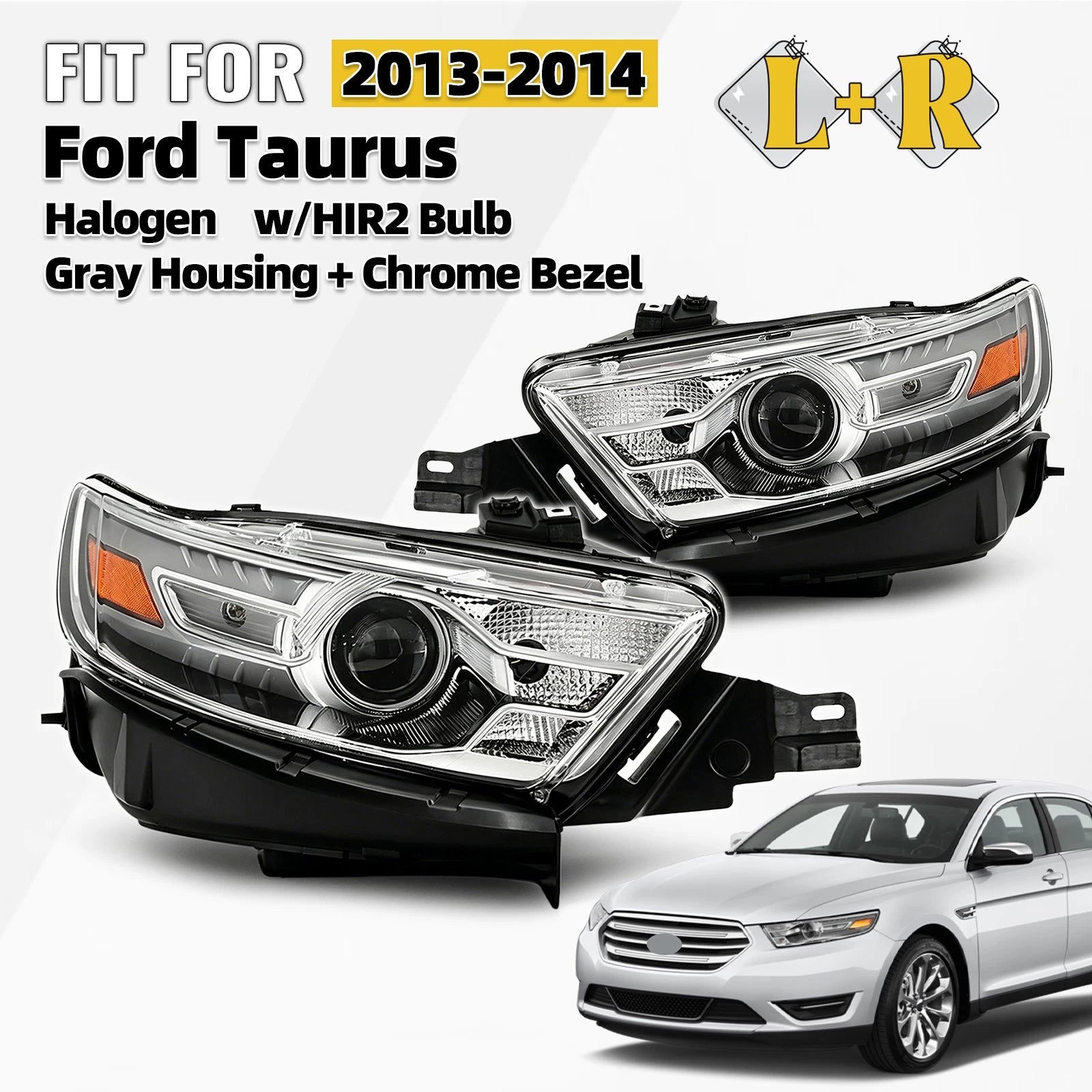 Halogen Headlight Set for Ford Taurus (2013–2014) HIR2 Bulb Gray Left+Right