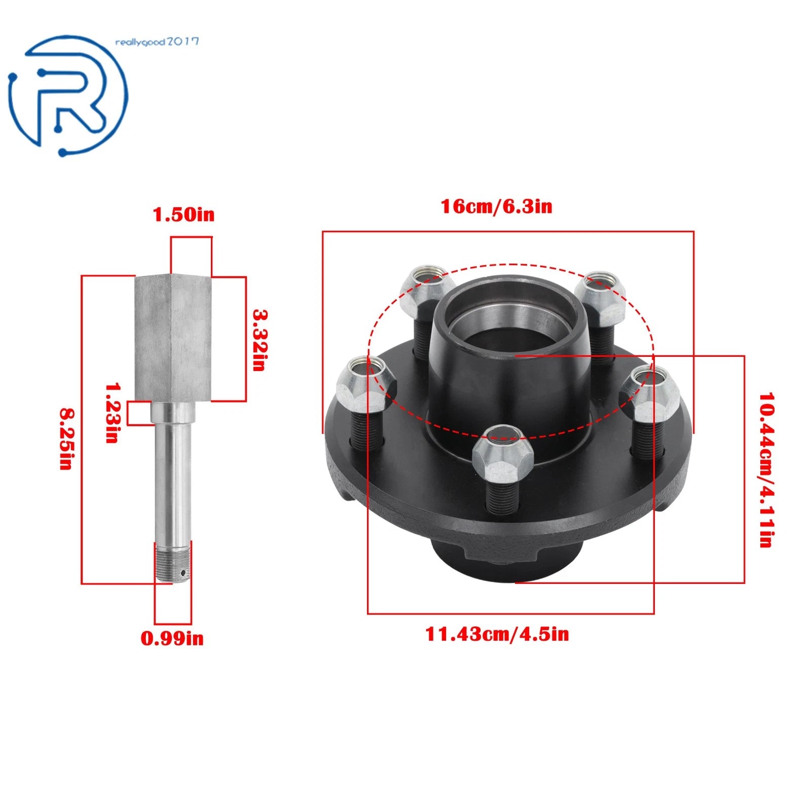 5 Bolt on 4.5" Trailer Hub Assembly & 1-1/16" Spindle with Bearings
