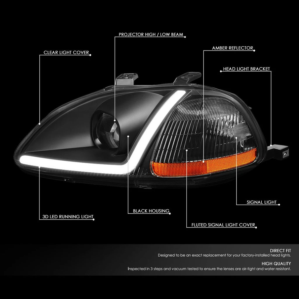 LED DRL Black/Amber Corner Projector Headlight Lamps for Honda Civic (1996–1998)