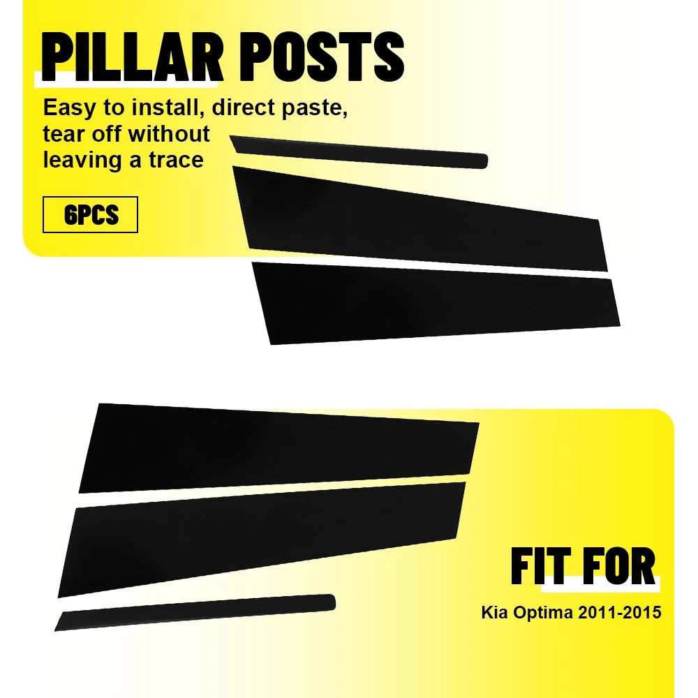 Set of 6 Piano Black Door Trim Pillar Post Window Covers for KIA Optima (2011–2015)