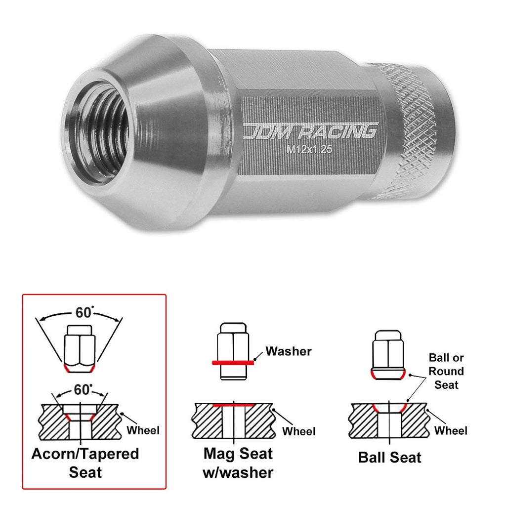 20Pc M12X1.25 Silver JDM Open End Cone Hex Wheel Lug Nuts + Extension 25mmx50mm