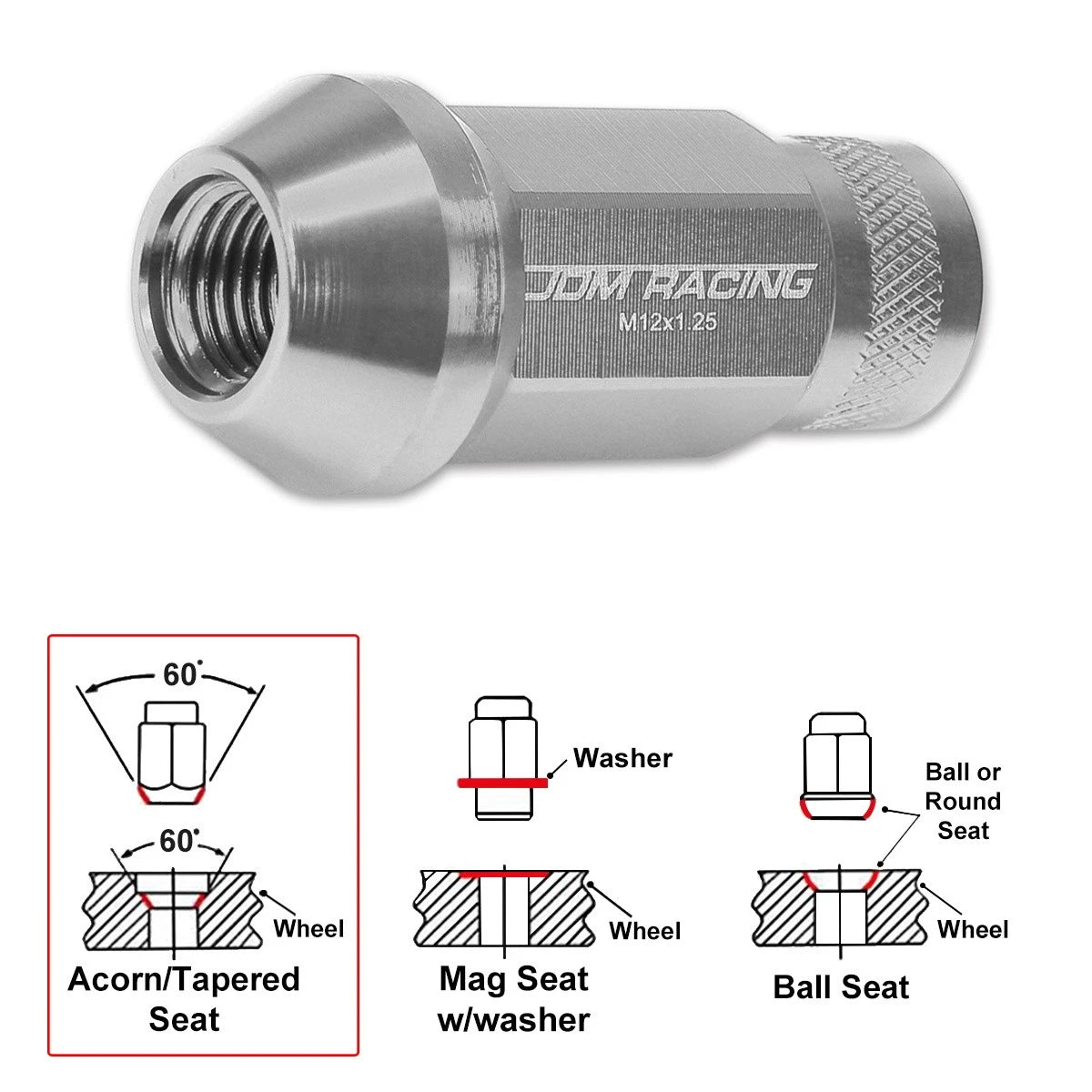 20Pc M12X1.25 Silver JDM Open End Cone Hex Wheel Lug Nuts + Extension 25mmx50mm