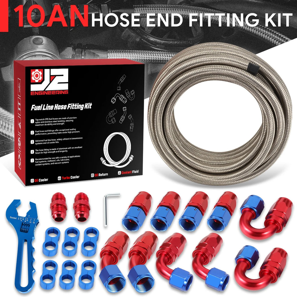 J2 10AN Stainless Steel Braided Fuel Line Tube Oil Hose Kit 25FT