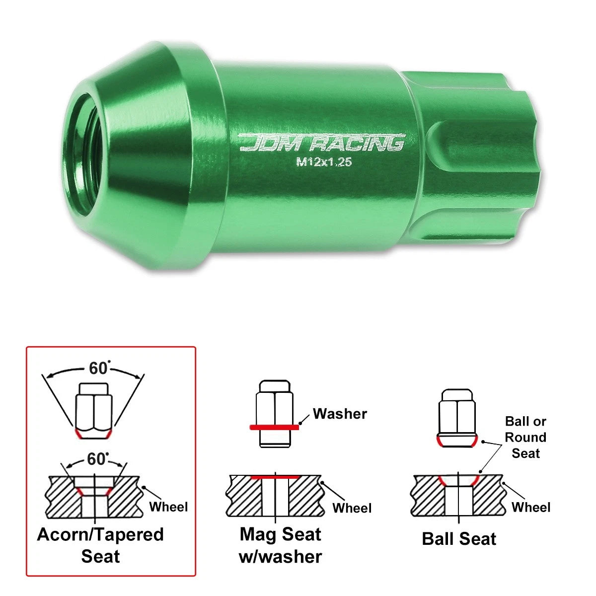 20Pc M12X1.25 Green JDM Open End Aluminum Spline Wheel Lug Nuts + Key