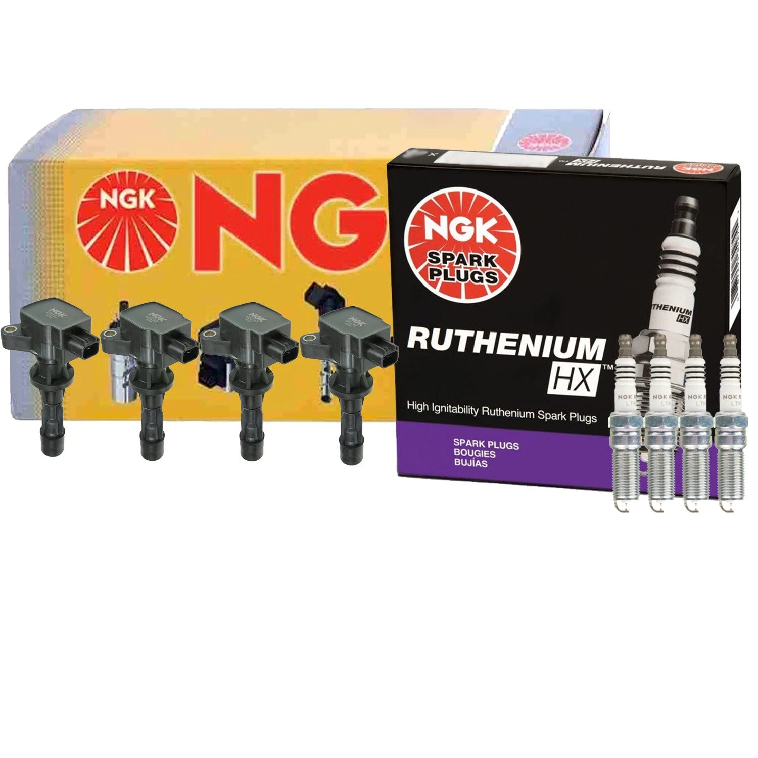 Set of 4 NGK COP Ignition Coils & Ruthenium HX Spark Plugs for Fusion Milan (2006–2012)